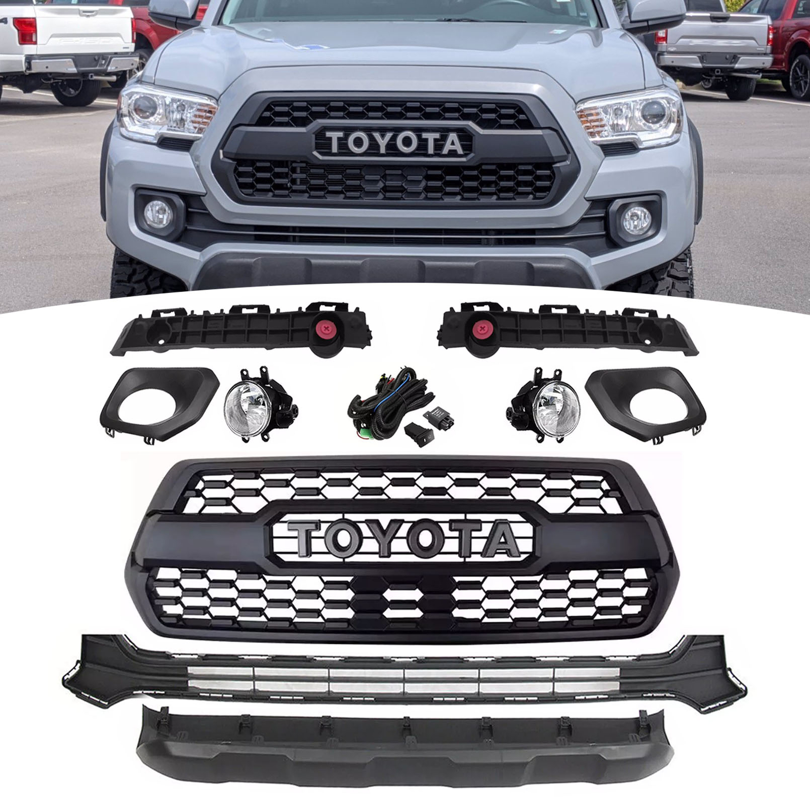 For 2016-2023 Toyota Tacoma Front Grille Valance Fog Light Bezels Bracket Set