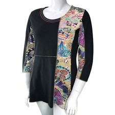 Parsley  Sage Womens Size M Top Black Multicolor Tunic Blouse Mixed Media Art