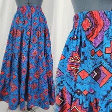 Vtg America America Blue Tiered Maxi Skirt w Red/Purp/Blck Geometric Pttrn Sz Sm