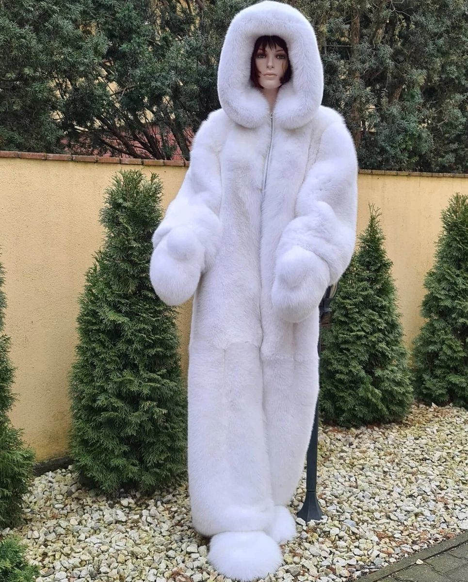 LUXURY WHITE Fox Fur Full Coat With Whole Skins Fur Coa 