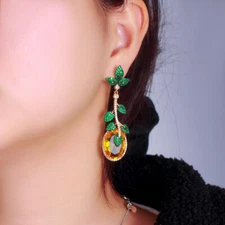 Women Big Oval Fruit Drop Long Leaf Dangle Earrings Gold Plated Zirconia Jewelry