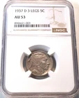 1937 D 3 Legs 5C NGC AU 53 Buffalo Nickel, Scarce Date Three Legged AU+ Coin