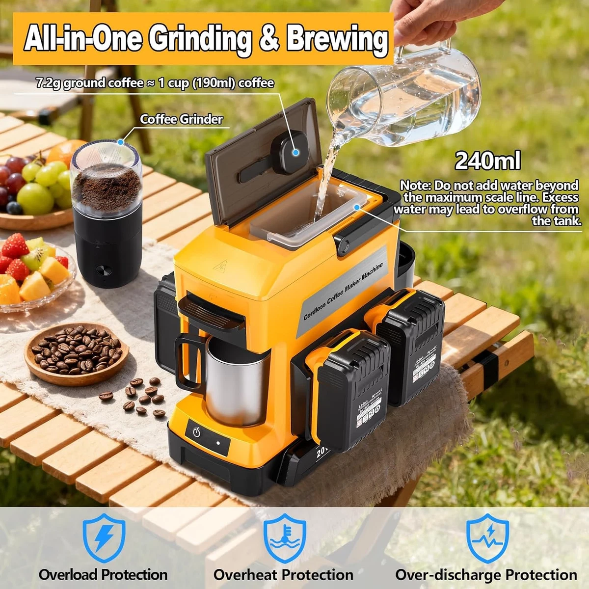 Cafetera inalámbrica para cafetera de goteo a batería Dewalt 20V 18V con molinillo