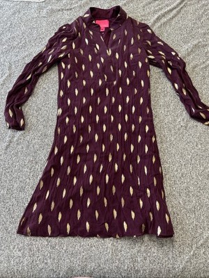 LILLY PULITZER SHEA SILK DRESS Cabernet Berry Metallic Diamond Clip size 2