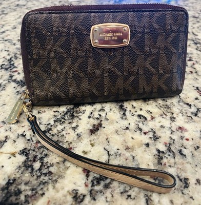 Michael Kors Jet Set Wallet Travel Continental Brown Zip Around Logo Leather 8x5