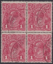 AUST KGV 1d RED SINGLE WMk. BLOCK of 4. USED. (M070)