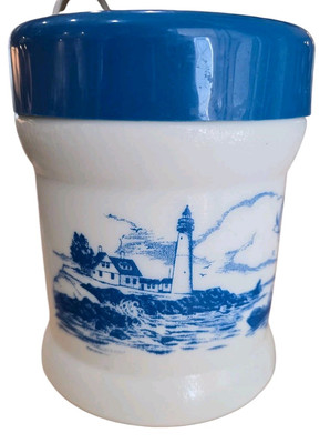 Dutch Delftware Blue Nautical Milk Glass  Jar W/LID Vintage Mint Condition Sea
