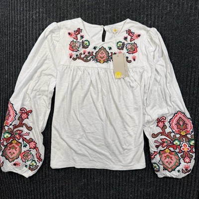 Boden Embroidered White Jersey Top NWT Size 6 Blouson