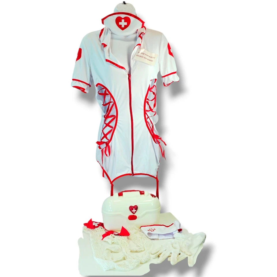 7 Pc Sexy Naughty Nurse Costume Starline Cut Out White Uniform Dress Size M - Image 3 of 4
