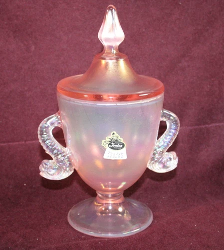 Fenton Satin Pink Rose Stretch Glass Small Footed Covered Dish- Original Sticker