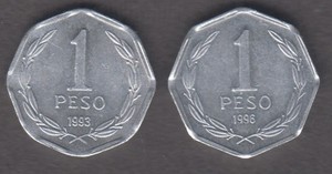 Chile 1993, 1996. 1 Peso. 2 coins. Bernardo O'Higgins.  Laurel wreath. KM# 231