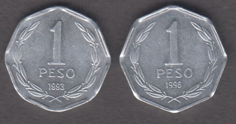 Chile 1993, 1996. 1 Peso. 2 coins. Bernardo O'Higgins.  Laurel wreath. KM# 231