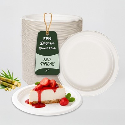 6 Inch Round Disposable Plates 125 Ct Compostable Dessert Plates Heavy Duty -FPN