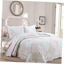 Pastel Floral 3-Piece Soft Pink Peach Green Ruffle Patchwork King Rose Garden
