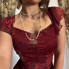 WET SEAL Vintage y2k Stunning red top with patchwork pattern and ruffle sleeves