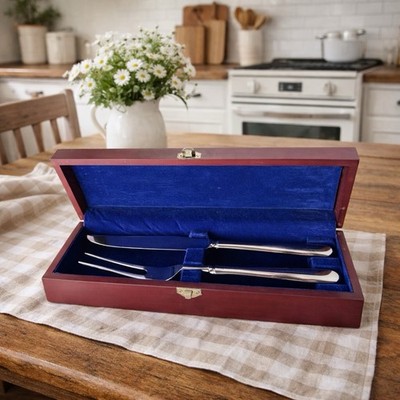 Hampton Home Solid Stainless Steel 2 Pc Carving Set Knife Fork - Wooden Box