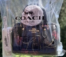 COACH Mini Rowan Bag Charm Black Multi w Sequin Cherry Print Gold Hardware NWT