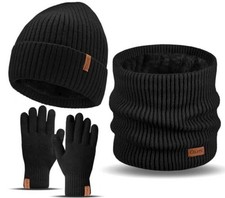 3 Pieces Winter Hat Scarf Touchscreen Gloves Set for Men and One Size Black