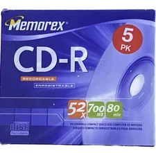 NEW Sealed Memorex CD-R 5 Pack Recordable 52x 700MB 80Min Slim Jewel Case