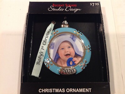 STUDIO DESIGN baby's first christmas 2020 blue photo ball xmas ornament  new 