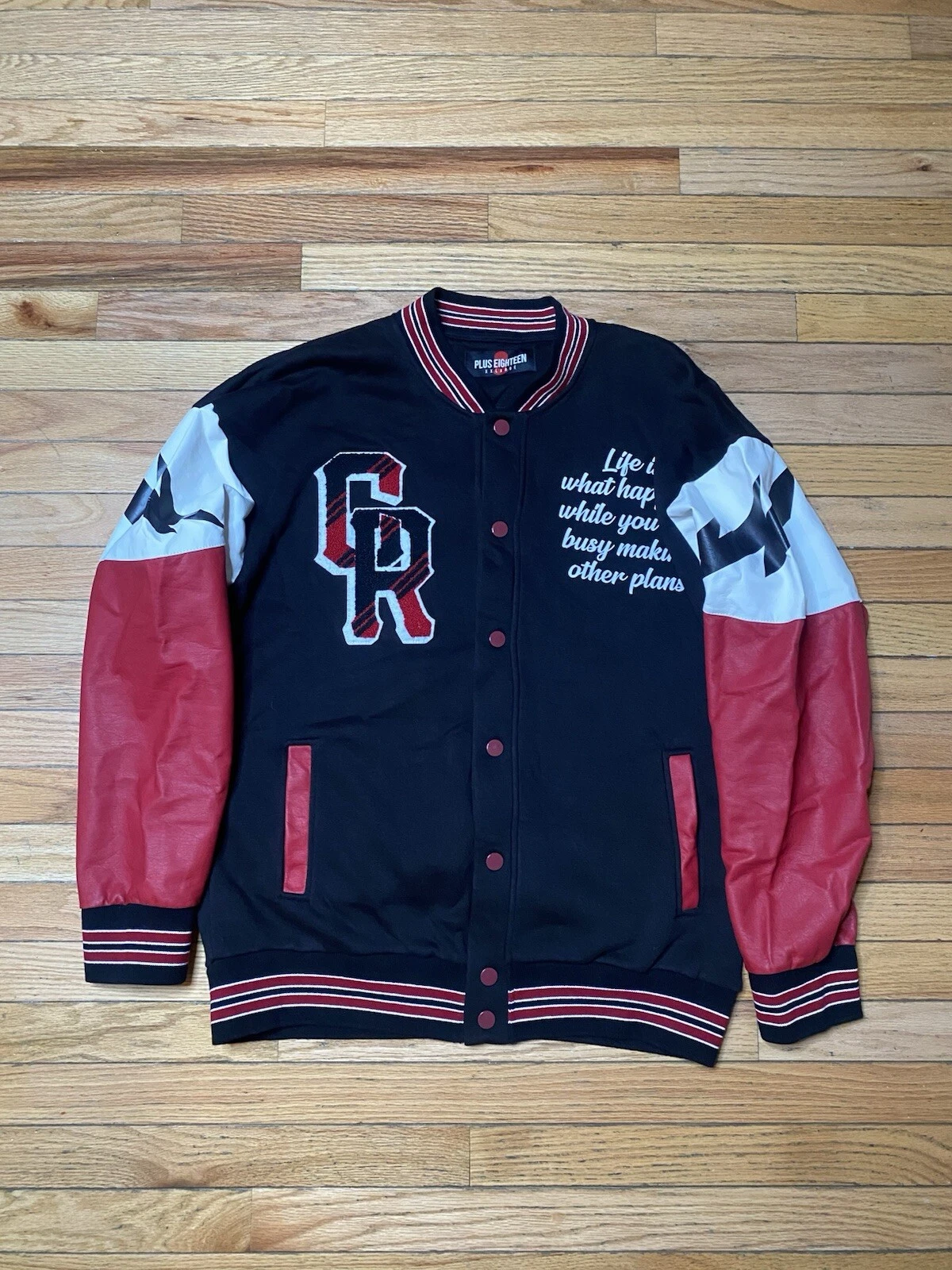Plus Eighteen Bomber Jacket Black White Red University Jacket Size 2XL