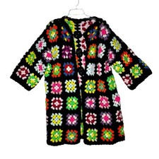 Granny Square sweater open front cardigan Handmade Crochet jacket black M/L