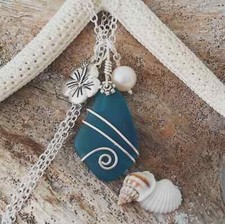 Hawaiian Jewelry Sea Glass Necklace, Wire Wrapped Necklace Teal Necklace,