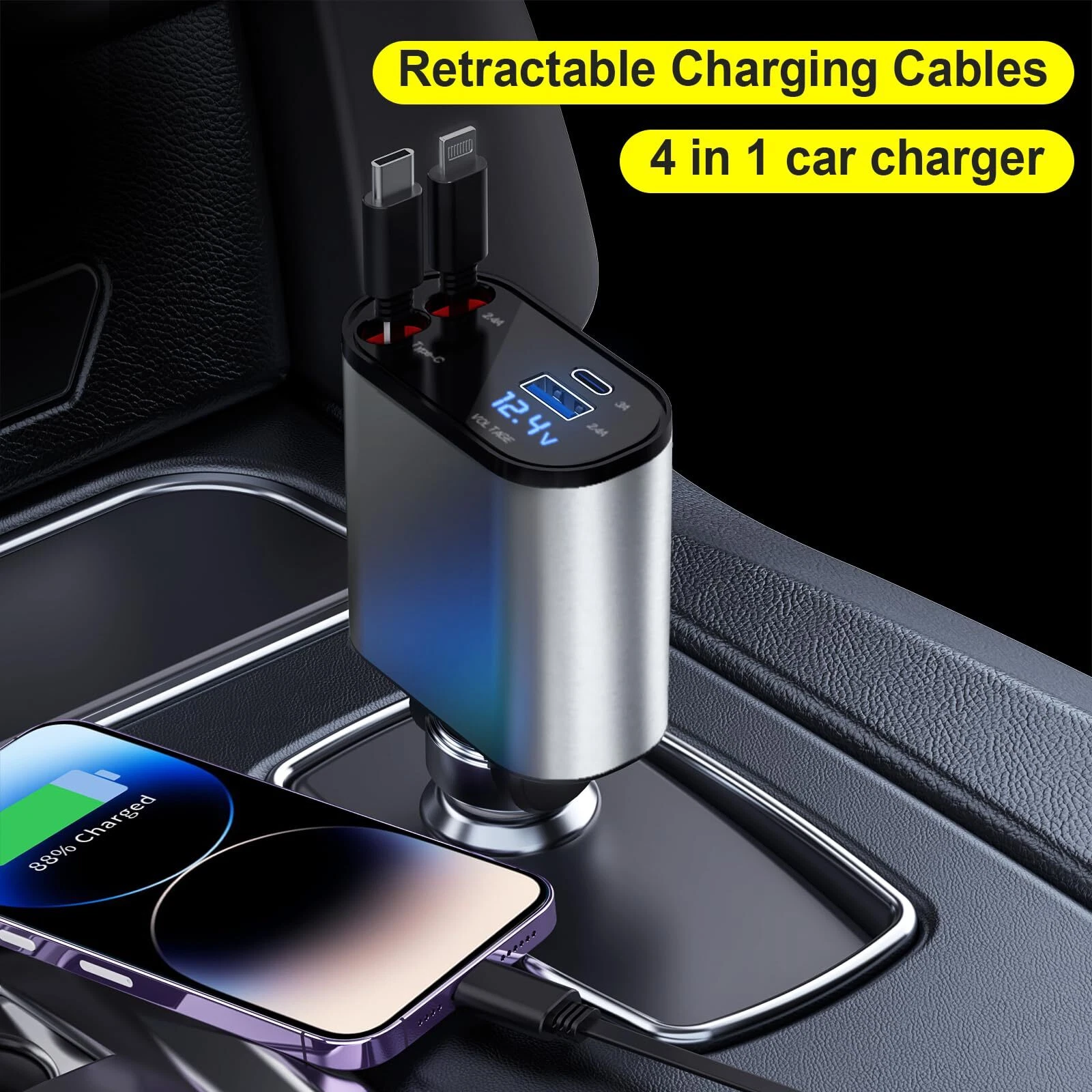 Retractable Car Charger 4 in 1 Fast Car Phone Charger 120W with USB Type C Cable Retractable Car Charger 4 in 1 Fast Car Phone Charger 120W with USB Type C Cable