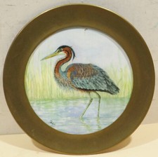 Berendsohn  vintage Keramik Kachel  " Reiher " mit Messingmontur Dm.21cm