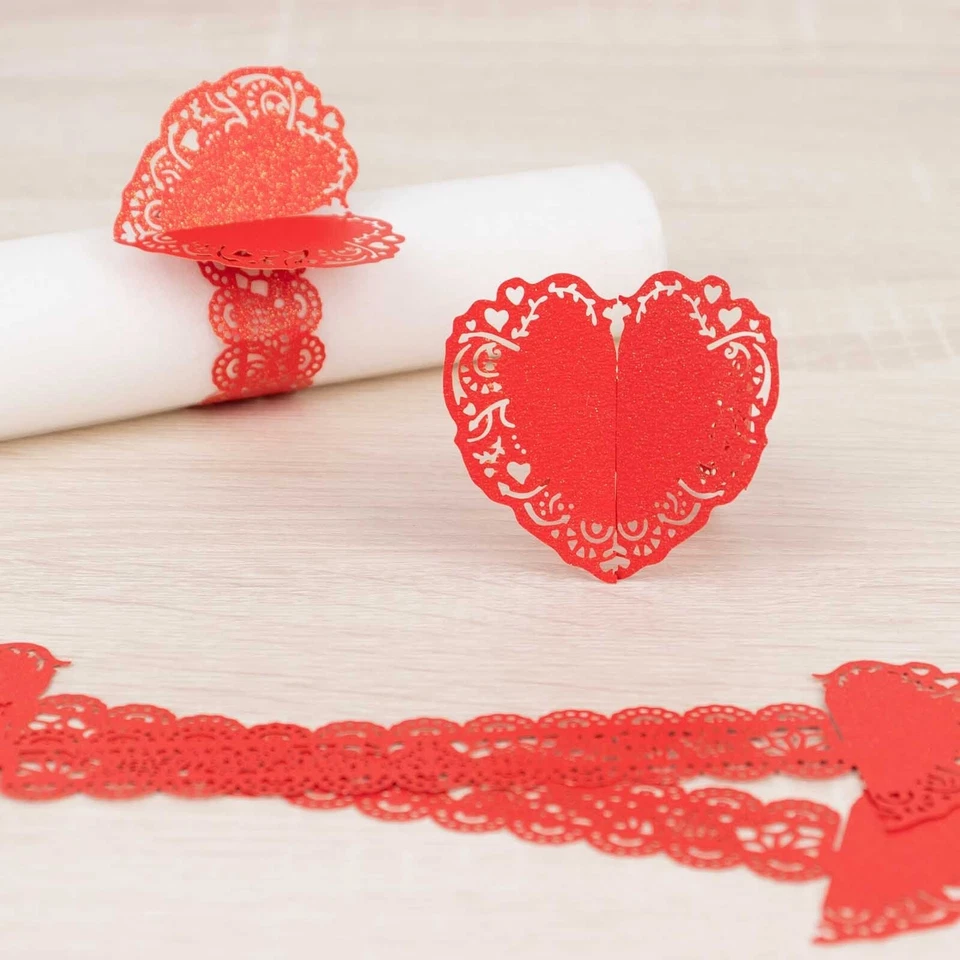 12 RED Shimmery Laser Cut Heart Paper Napkin Rings with Lace Pattern Wedding - Изображение 4 из 4