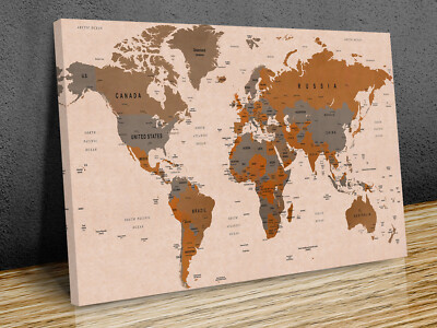 Classic World map countries capitals brown tones mounted  canvas print