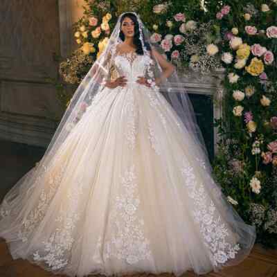 Champagne Ball Gown Wedding Dresses for Bride Applique Court Train Bridal Gown