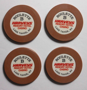 (4) CASINO ROULETTE CHIPS "HARVEYS "B" LAKE TAHOE, NEVADA