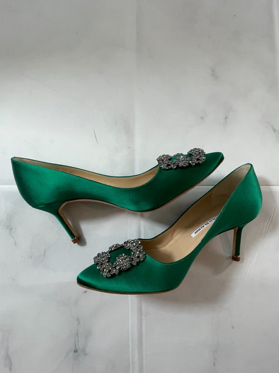MANOLO BLAHNIK $1195GREEN SILK HANGISI SIZE 37.5 | eBay