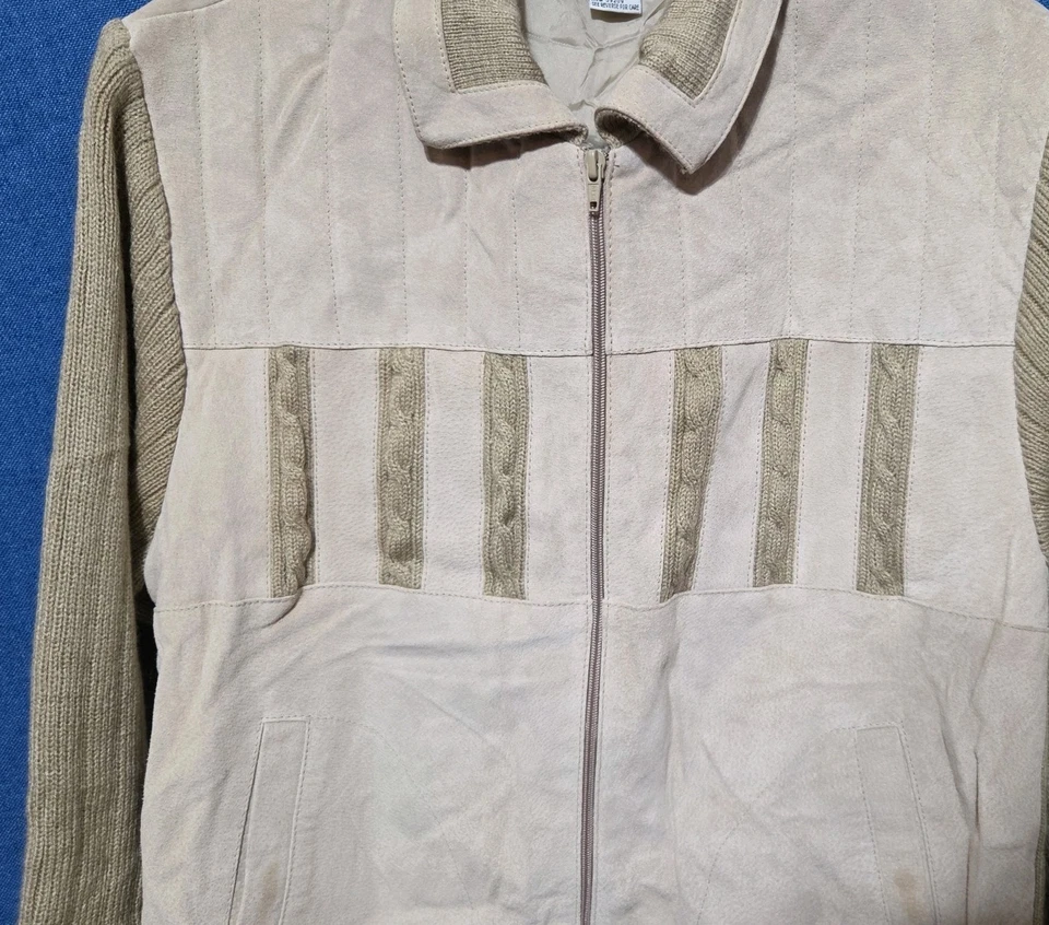 Peter Et Jon Full Zip Jacket Suede Leather Knit Beige Mens 80s Hipster Retro L - Image 2 of 4