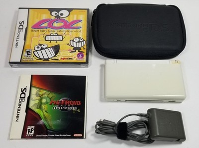 Nintendo DS Lite Model USG-001 White w/ 2 Games Metroid First Hunt, LOL, & Case