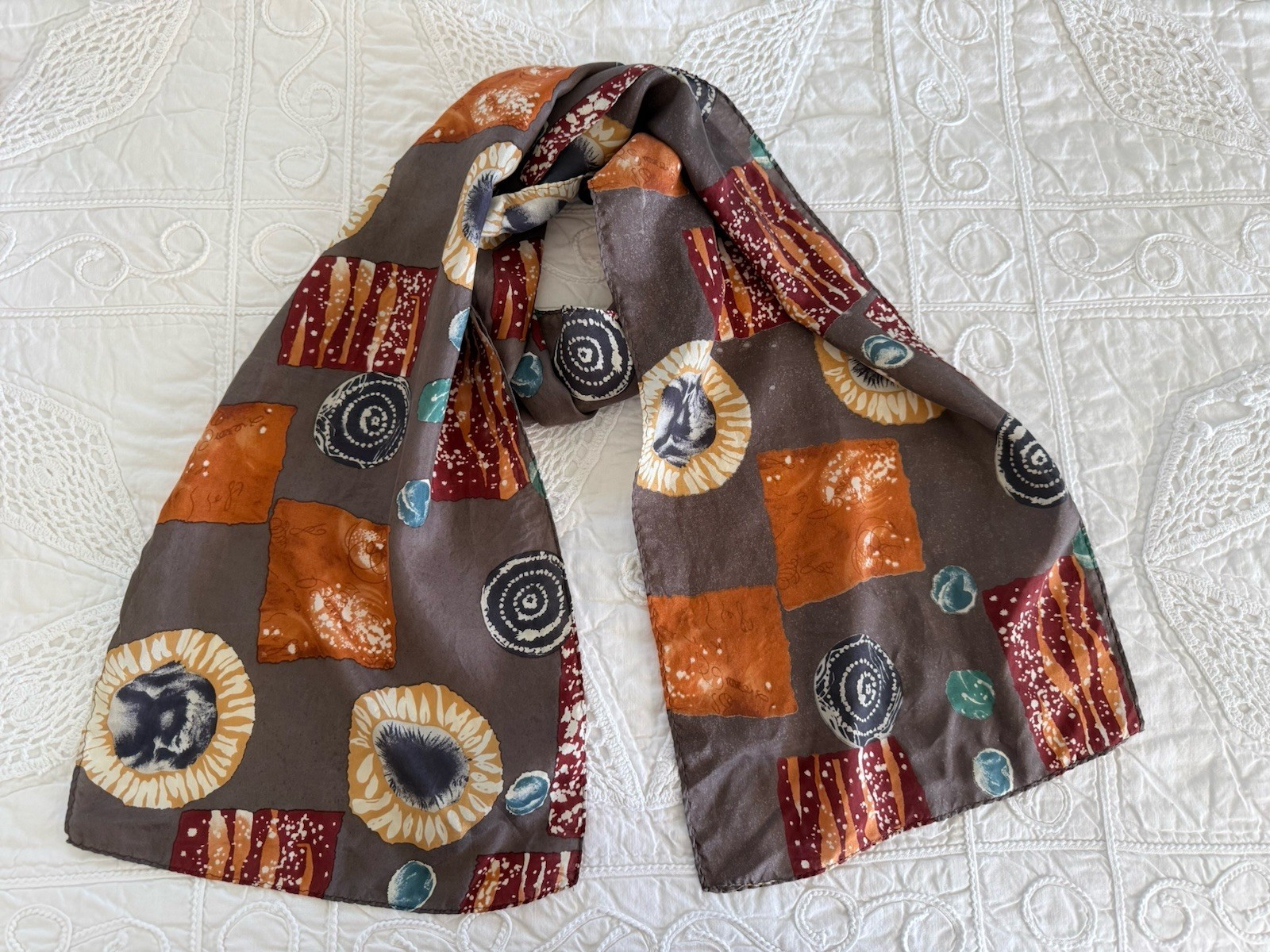 Vintage Silky Scarf Rectangular Brown Orange Teal… - image 1