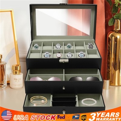 3-Tier Lockable Jewelry Box with 12 Watch Slots, 2 Drawers & PU Velvet Organizer