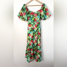 Melloday Puff Sleeve Floral Print Midi Dress Womens Small Open Back Cottagecore