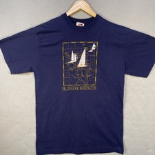 VTG 90s Bellingham Washington Sailboat Embroidered Map T Shirt Navy USA Made