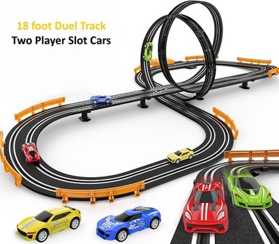 Nostalgic Slot Car Race Track Scalextric Style Double Loop 2 Player Racing Cars