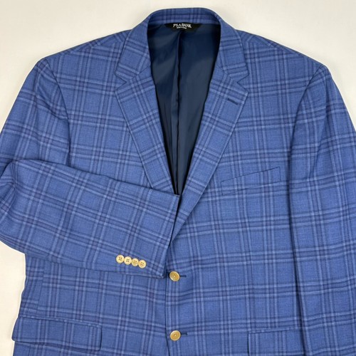 Jos. A. Bank Traveler Wool Windowpane Check Tailored Fit Sport Coat 48R Blue EUC