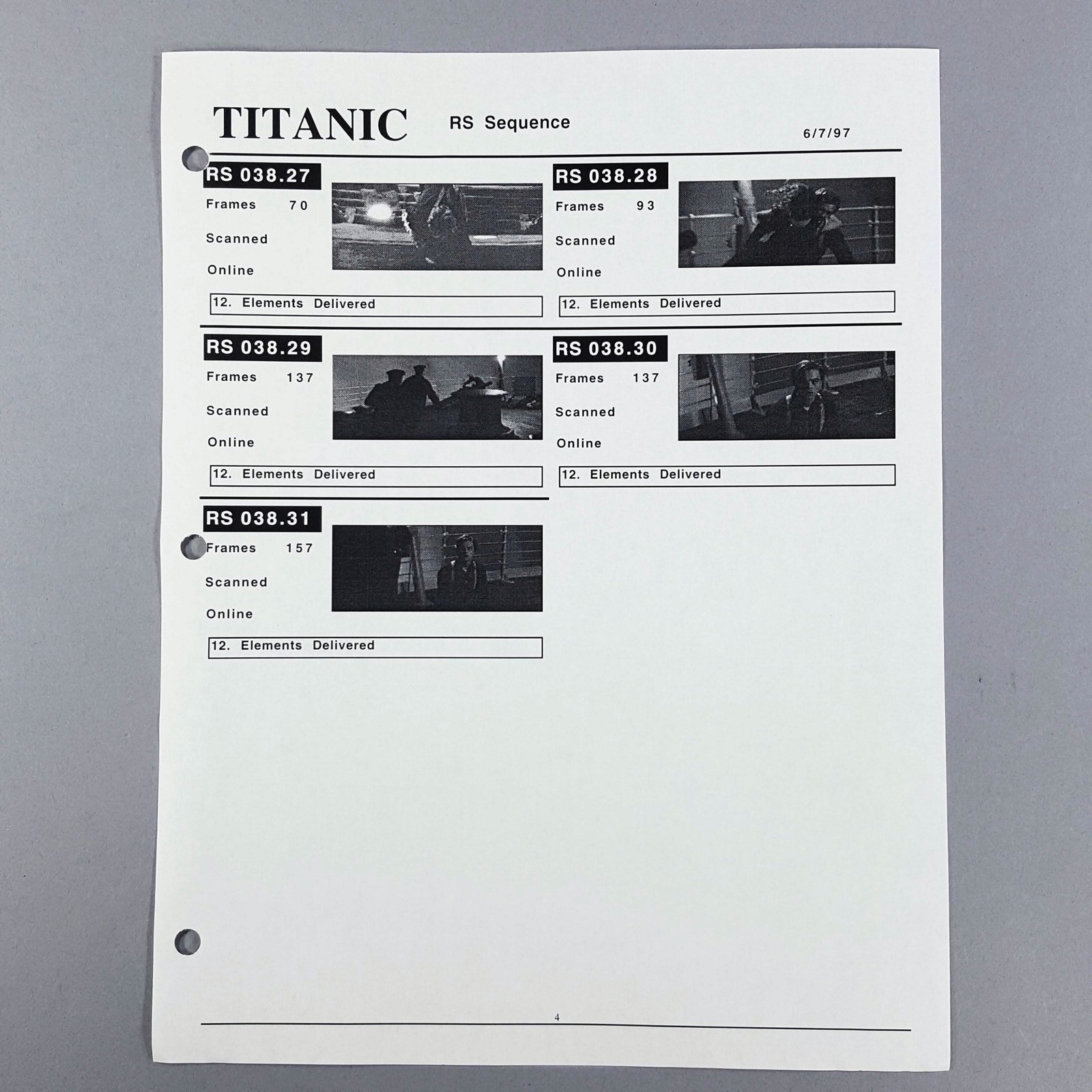 Titanic VFX Shot Tracker Report RS Sequence Shots, Jack Dawson, Movie Prop COA