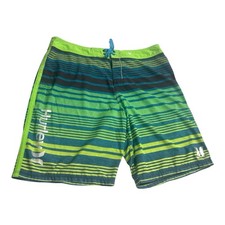 Hurley Men  s Board Shorts Size 38 Green Blue Stripe Drawstring Surf Swim