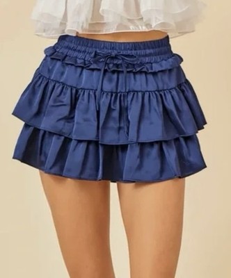 Day+Moon Navy Blue Satin Like Ruffle Tiered Mini Skirt Skort Babydoll Size S