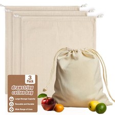Cotton Storage Bags With Drawstrings - Rainflow 3 Pack 15x17 Inch Reusable