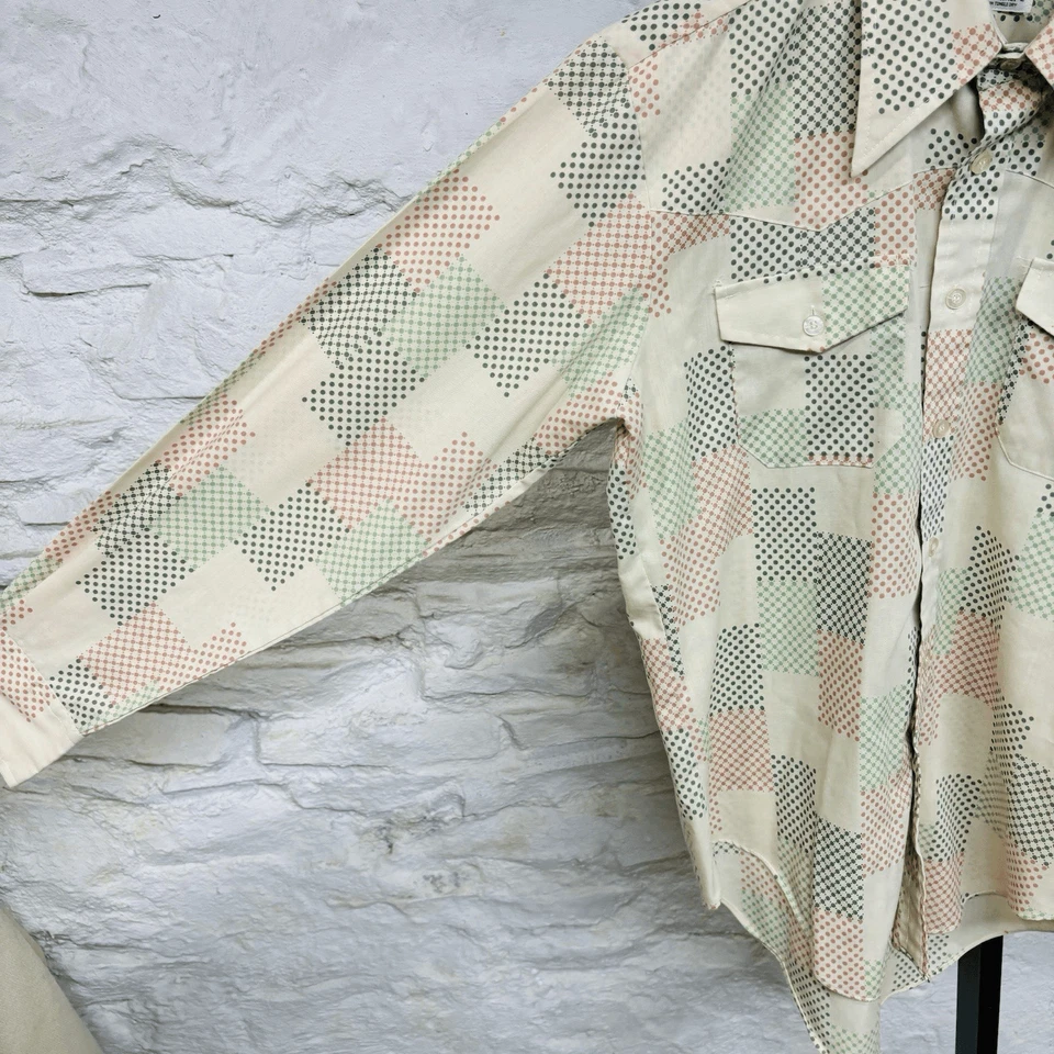 Camisa Saddlehorn Vintage Años 70 Disco Estampado Abstracto Daga Cuello Extendido Hippie Foto 4 de 4