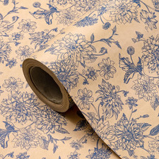 Kraft Blue Floral Wrapping Paper - Mini Roll - 17 Inch x 16.5 Feet - Vintage Blu