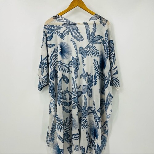 Cardigan kimono stampa foglia blu copricostume da spiaggia tropicale taglie forti XXL - Foto 3 di 6