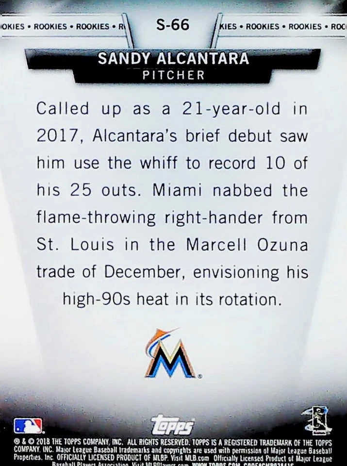 2018 Topps Salute # S-66 Sandy Alcantara - Miami Marlins ROOKIE CARD INVEST - Image 2 of 2